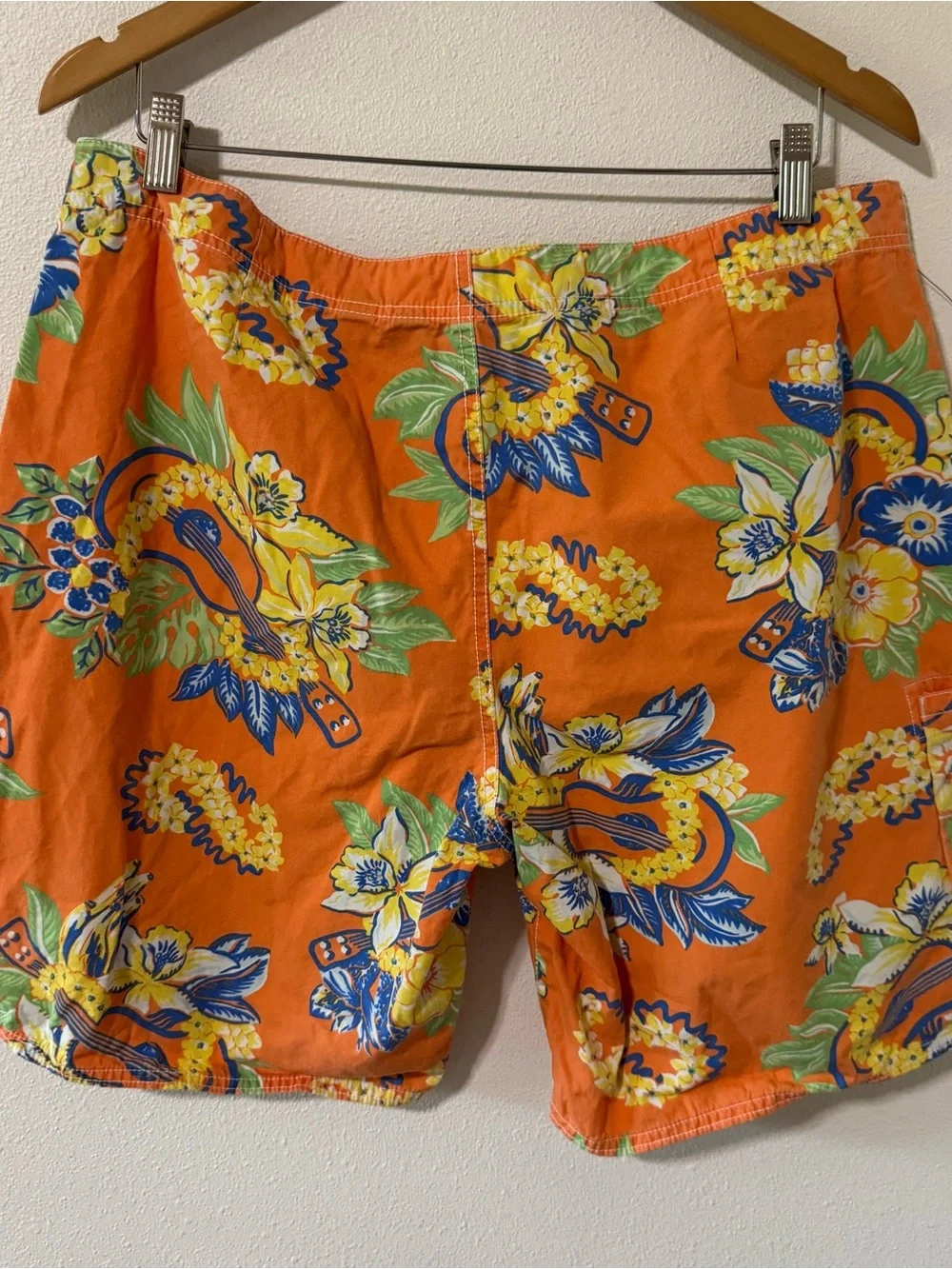 Vintage Polo Ralph  Lauren Hawaiian Ukulele Print Board Shorts Orange Resort-36